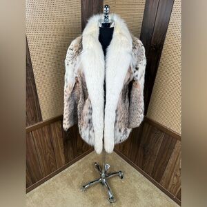 BEAUTIFUL SPOTTED CAT LYNX BOBCAT W/ FOX TRIM COLLAR FUR COAT JACKET SIZE LARGE